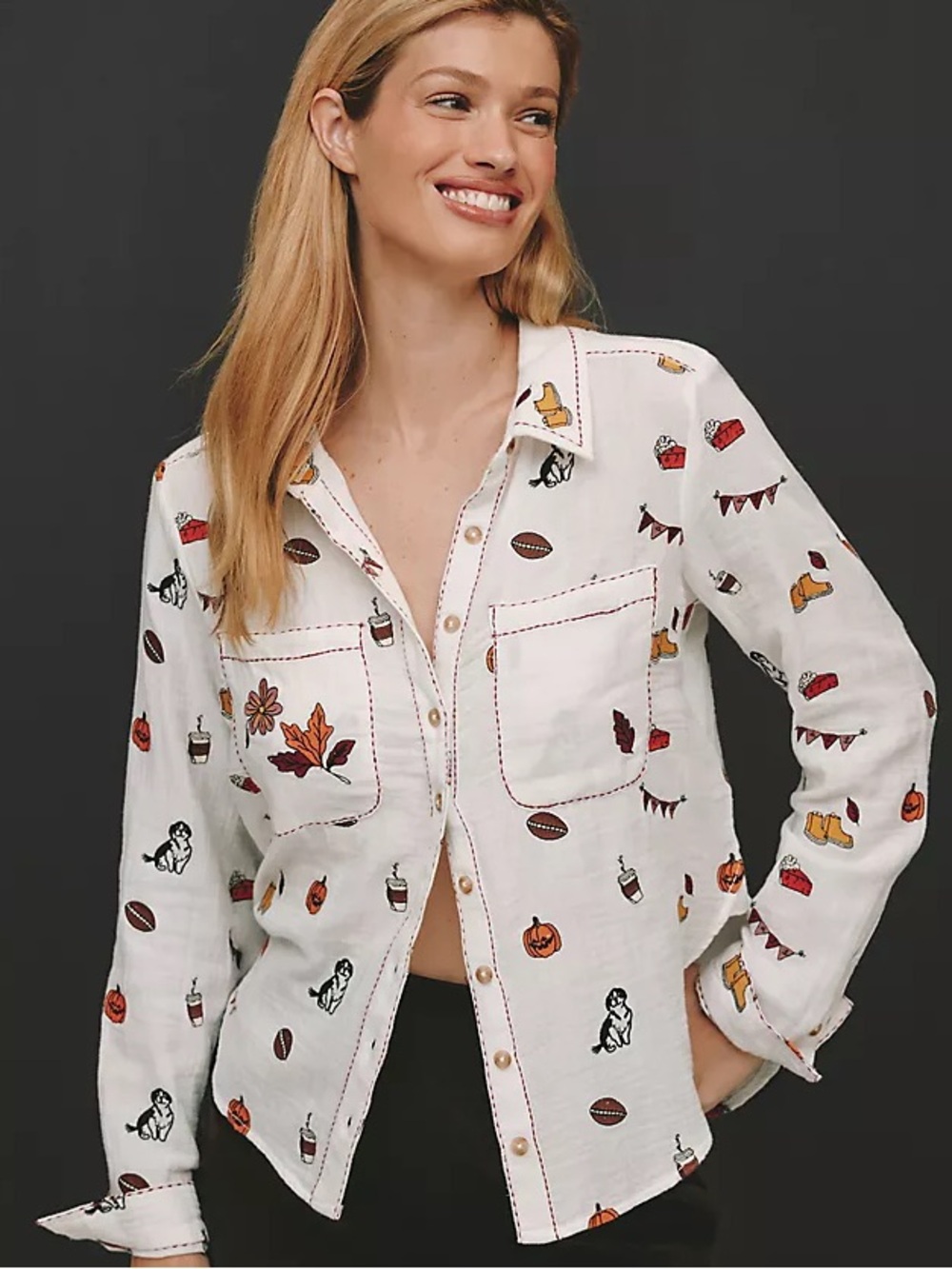 ANTHROPOLOGIE X PILCRO Fall Embroidered Icon Button-down shirt, Size M